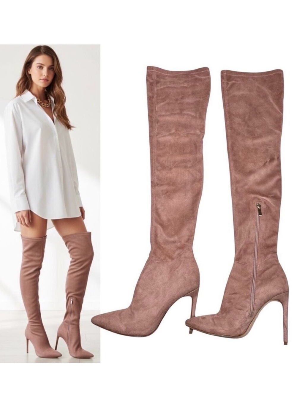 Raye Como Suede Over The Knee Boots SZ 7 Rose High Heel Elevated Sexy Thigh High